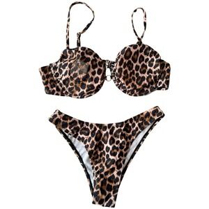 OYOANGLE Womens Cheetah Leopard Print Underwire Bikini Set Brown Black Small NEW